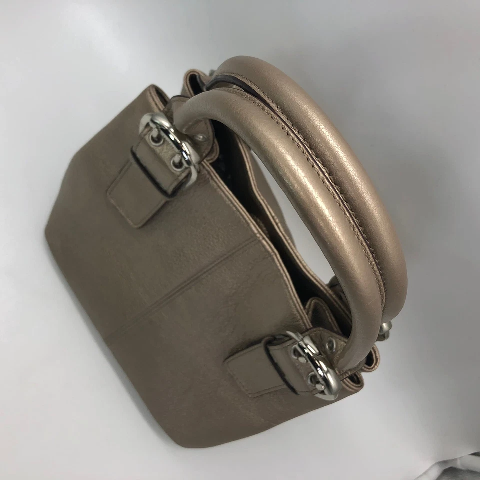 Tignanello Bolso de Mano de Cuero Dorado Cartera Cubo Correas Ajustables Herrajes Plateados Foto 3 de 4