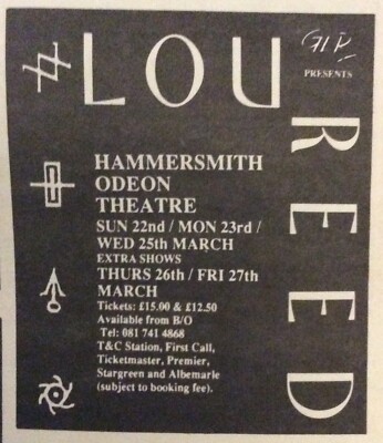 LOU REED - VINTAGE GIG ADVERT - HAMMERSMITH ODEON - 5 NIGHTS MARCH 1992