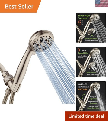 #ad High Pressure 6 Setting Brushed Nickel Handheld Shower Head with Stainless St... $51.99