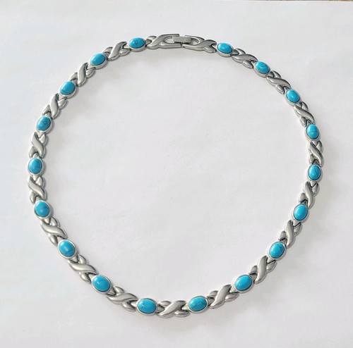 Blue Howlite Silvertone Crossed Braid Collar Necklace Healing Properties - Picture 6 of 8