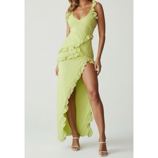 $285 NWT HOUSE OF CB Pixie Ruffle Maxi Dress, Lime, L (Plus Cup)
