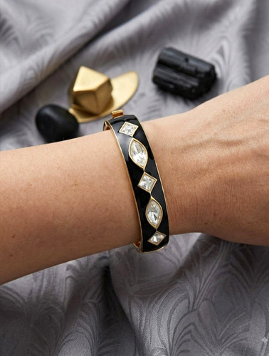 Vintage MONET 80s chic Deco Gp Swarovski Crystal Black Enamel Bangle Bracelet