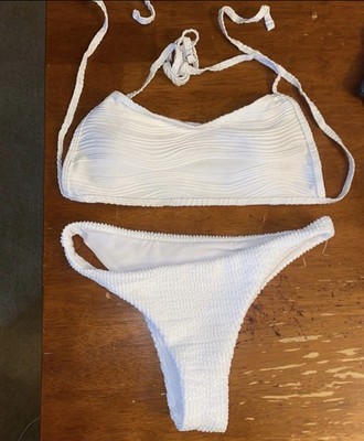 Women s White Solid 2-Piece Bikini Set Halter Bralette Top Thong Bottom Size S