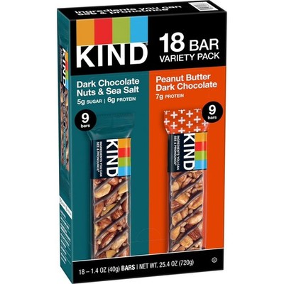 KIND Snack Bars Variety Pack, Dark Chocolate & Sea Salt and Peanut Butter, 18 ct