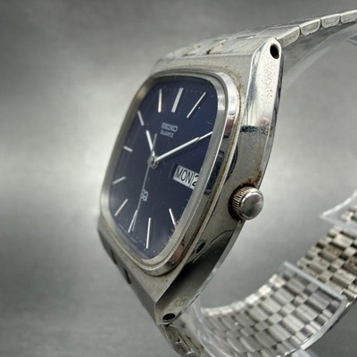 Seiko SQ Watch Men 32mm Blue Dial Silver Tone Daydate Rectangle