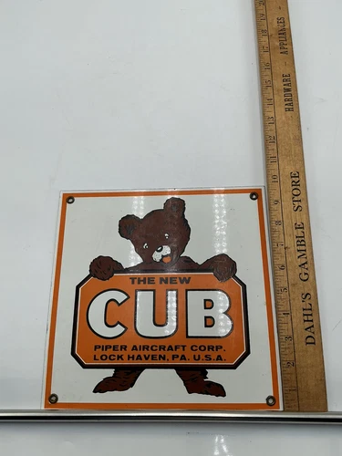 VINTAGE RARE The New PIPER CUB BEAR PLANE AEROSPACE PORCELAIN SIGN