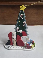 SCHMID EMGEE Santa Playing W Train Hawaiian Christmas Ornament 3-D Wood