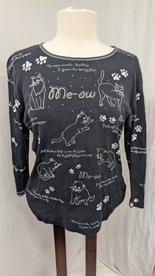Vintage Witchy Rhinestone Cat Grunge 90s  3/4 Sleeve Top M/L Whimsigoth Y2k