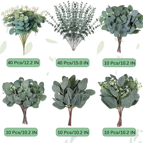 120 Pcs 6 Kinds Mixed Eucalyptus Leaves Stems Bulk Artificial Silver Dollar E... - Picture 3 of 9