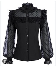 Scarlet Darkness Women’s Gothic Blouse Stand Collar Ruffle Lace-up BLACK L