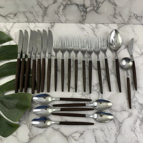 Ekco Eterna Vintage Mid Century Canoe Muffin Wood Handle Flatware Set of 23