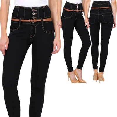 Damen High Waist Röhrenjeans Slim Fit Hose Stretchhose Skinny Jeans mit Gürtel - Bild 1 von 4