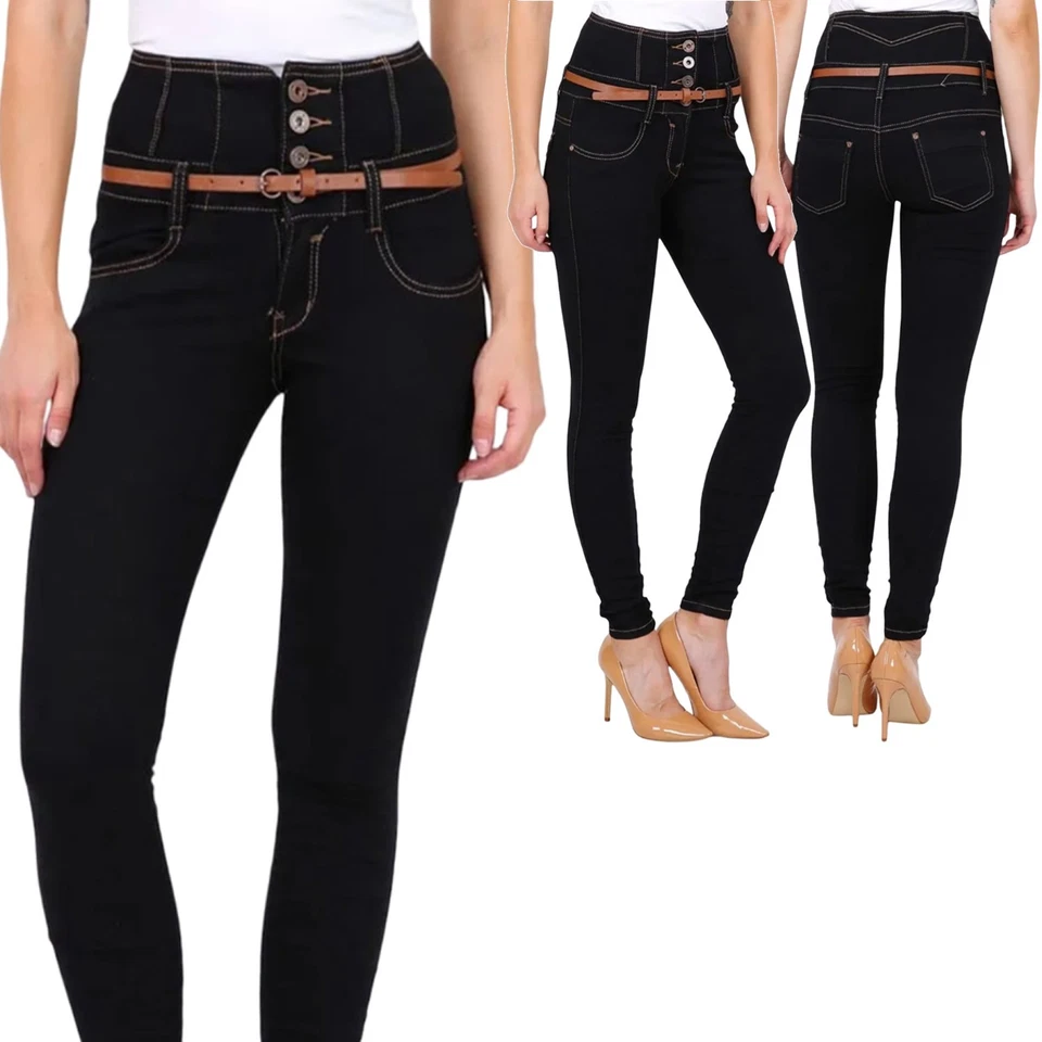 Damen High Waist Röhrenjeans Slim Fit Hose Stretchhose Skinny Jeans mit Gürtel - Bild 1 von 4