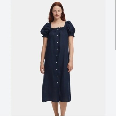 Sleeper Brigitte Blue Navy 100% Linen Button Up Midi Dress  display picture 1
