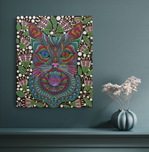 Original Cat Painting Cute Cat Portrait art Colorful Psychedelic Trippy art - Picture 5 of 14