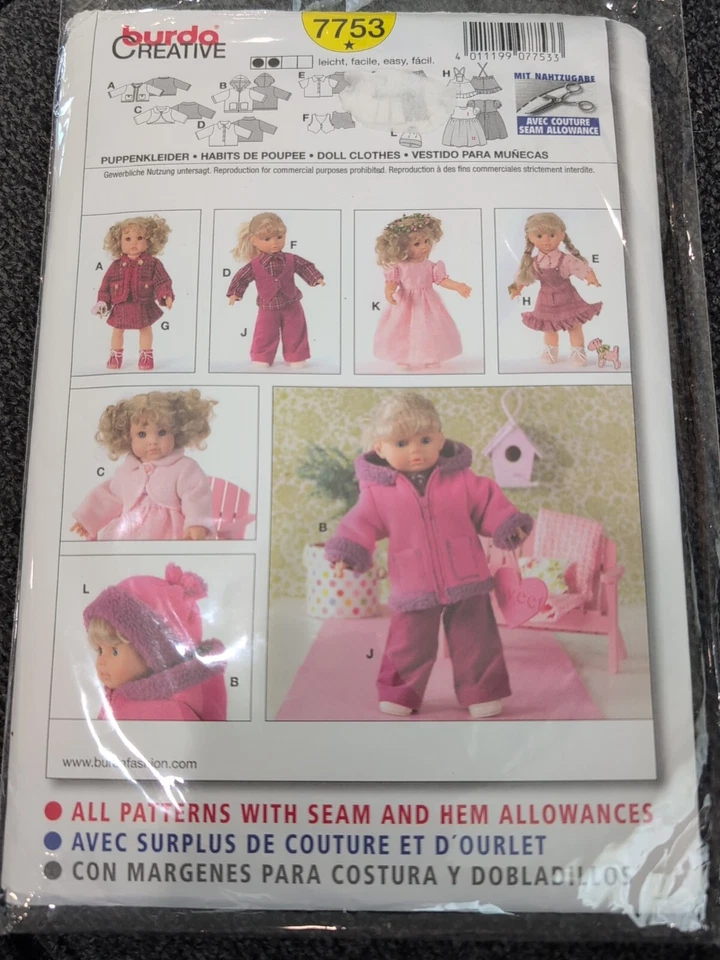 Nuevo patrón de costura de ropa para muñeca Burda 7753 mediano grande 12" a 18" vintage Foto 3 de 4