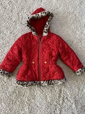 Pistachio Girls Ruby Red Coat Faux Fir Leopard Trim Size 5/6
