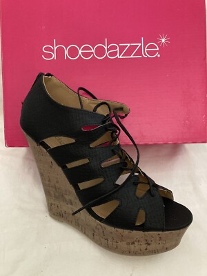 Shoedazzle Wedge Bootie Type Heels Cork Wedge Open-Toed Lace Up Black Sz 6.5 NIB