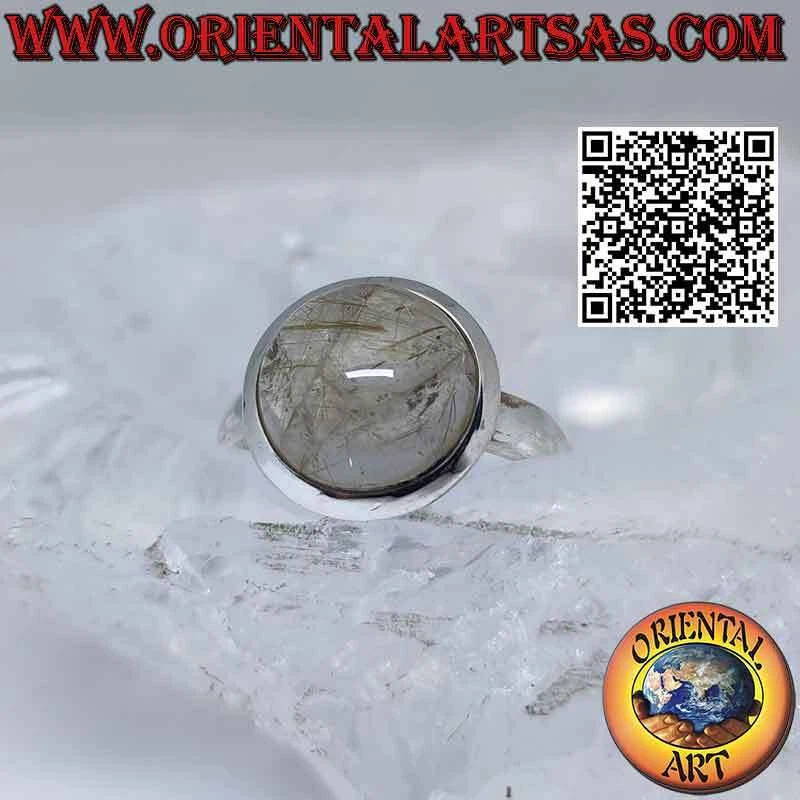 Anello in argento 925‰ con quarzo rutilato tondo cabochon e bordo liscio - Immagine 3 di 4