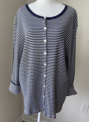 Faded Glory Authentic Wear XL 100% Cotton Top Navy Stripe Roll Tab Sleeve