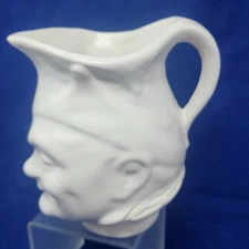 Puck Pitcher Jug Man Face Artist Signed White Glazed Ceramic 14 oz Barware OOAK