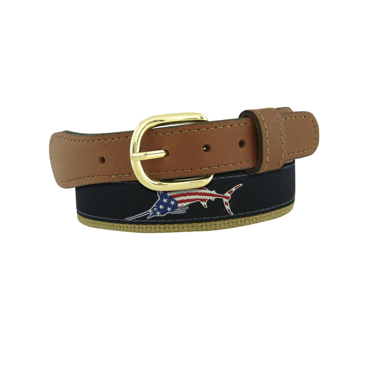 Zep Pro Leather Canvas Belt Embroidery Marlin Fish Brown Men\'s‎ 42 Fisherman USA Dolphin Mahi-mahi Embroidered Nubuck Leather Belt. Tan Full  main image 2