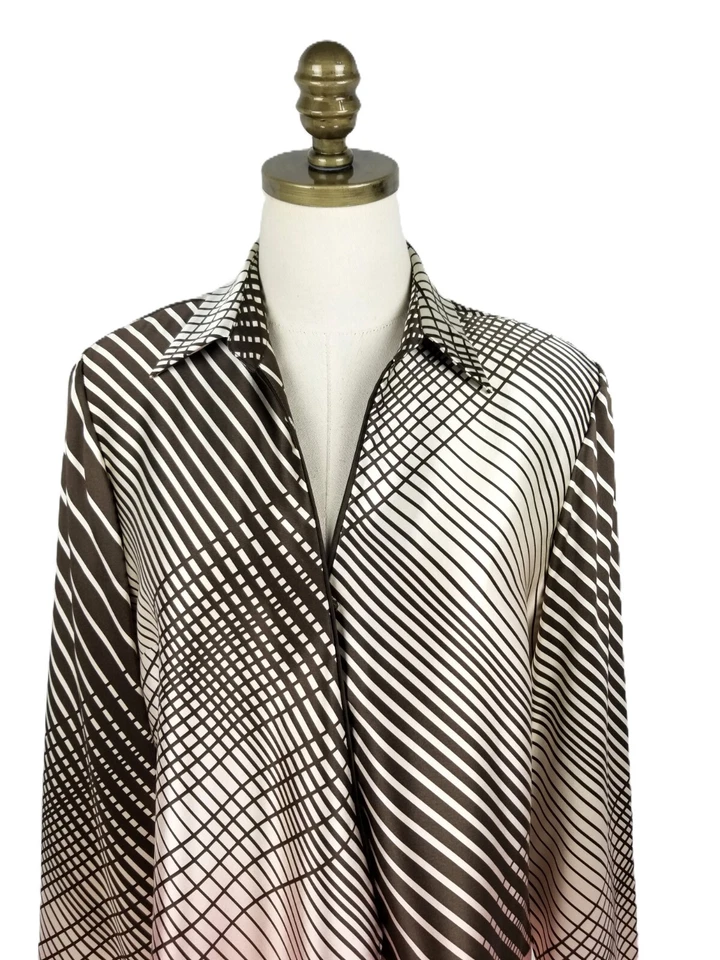 Blusa Kay Unger New York Rosa Marrón Líneas Geométricas Seda Talla 10 Manga Larga Foto 4 de 4