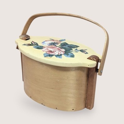 Vintage Basketville Putney Vermont Wood Lidded Basket Painted Floral Handle 11.5