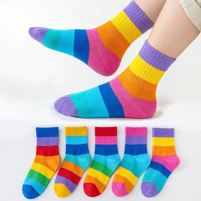 5 Pairs Girl's Rainbow Pattern Socks Cotton Comfortable Breathable Soft Kids Soc