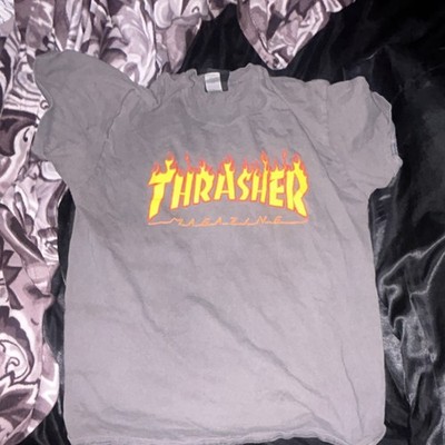 Thrasher Men's Skateboarding Short Sleeve Gray Flame Logo Shirt