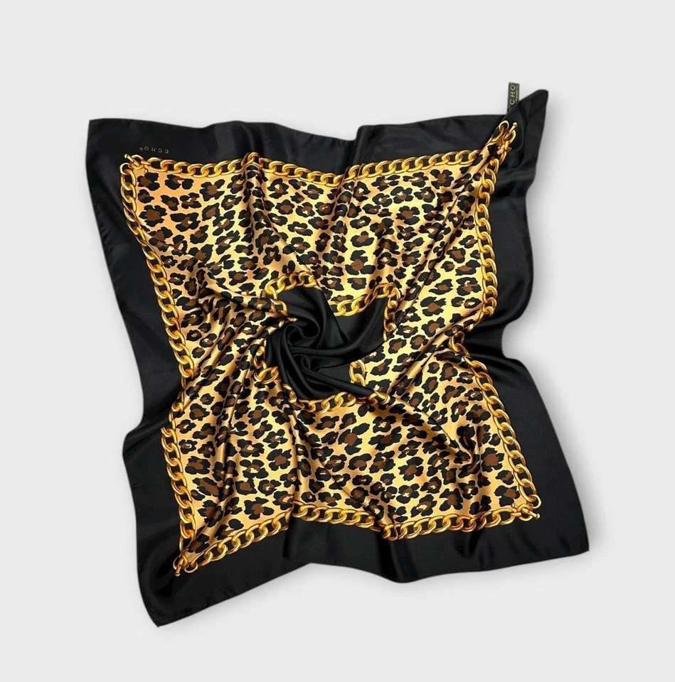 Bufanda cuadrada de seda Eco negra dorada animal estampado de leopardo borde de cadena Japón Foto 3 de 4