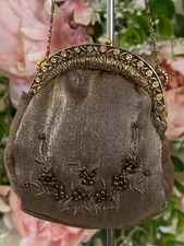 Vintage Putting on the Ritz #FS225 Taupe Embroidered Mini Purse Gold Clasp EUC