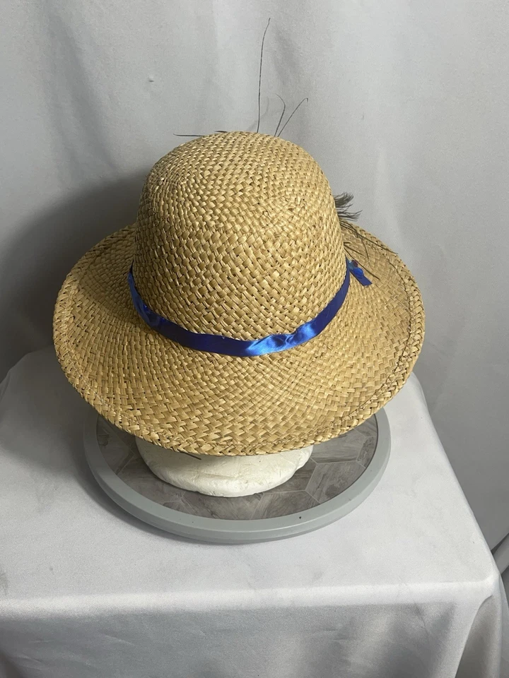 Chapéu de palha vintage com pena de pavão e destaque de fita azul, aba larga boho - Imagem 4 de 4