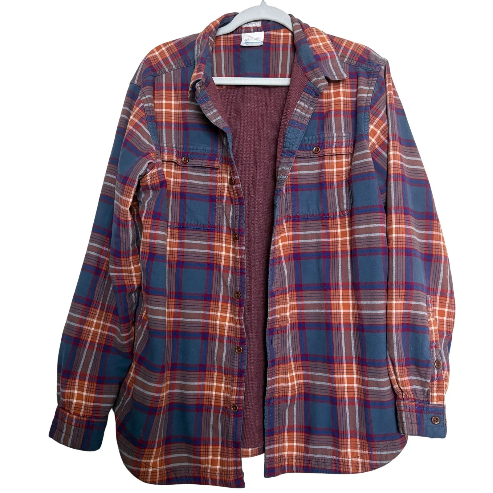 Columbia Plaid Flannel Shirt Jacket Lined Thermal Blue Orange L GORPCORE