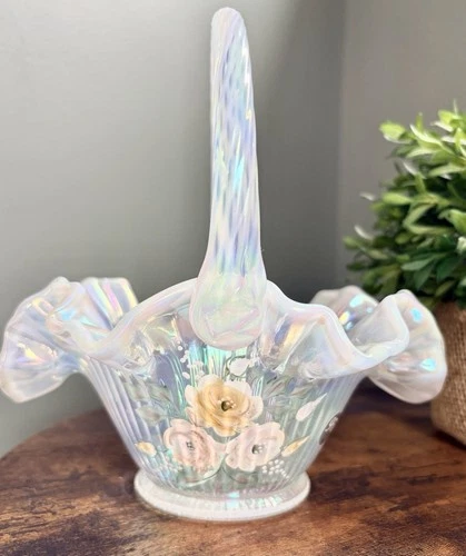 Vtg Fenton 95th Anniversary Hand Painted Flower Signed Iridescent Ruffled Basket