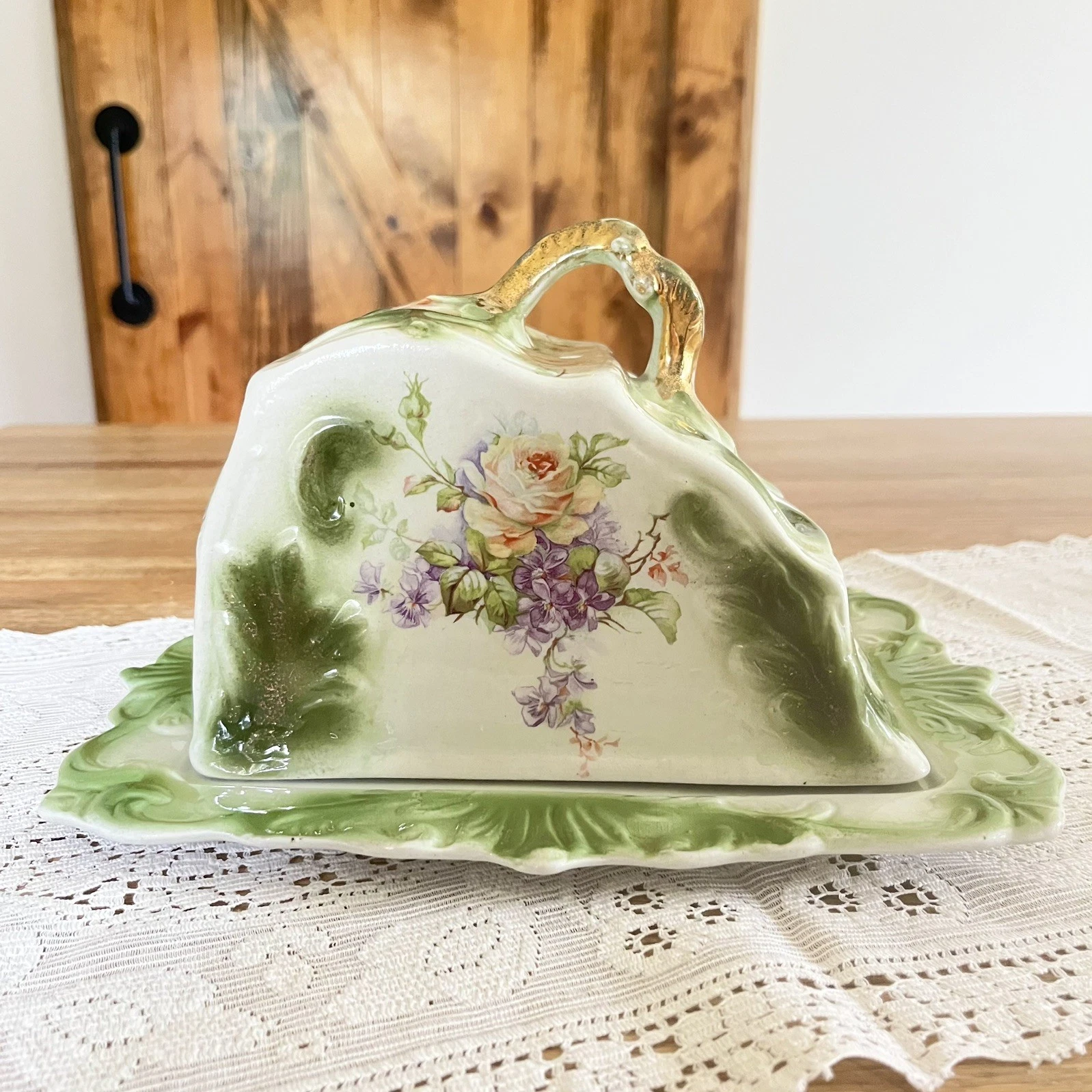 Antique Porcelain Covered Cheese Dish White Green Floral Vintage Victorian