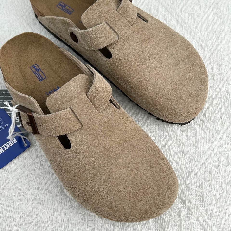 Birkenstock Boston Taupe Suede Leather Soft Footbed Unisex Clog Shoes