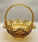 Fenton Colonial Thumbprint Glass Amber Basket Vintage Ruffled Edge 8" Candy