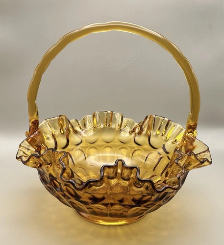 Fenton Colonial Thumbprint Glass Amber Basket Vintage Ruffled Edge 8" Candy