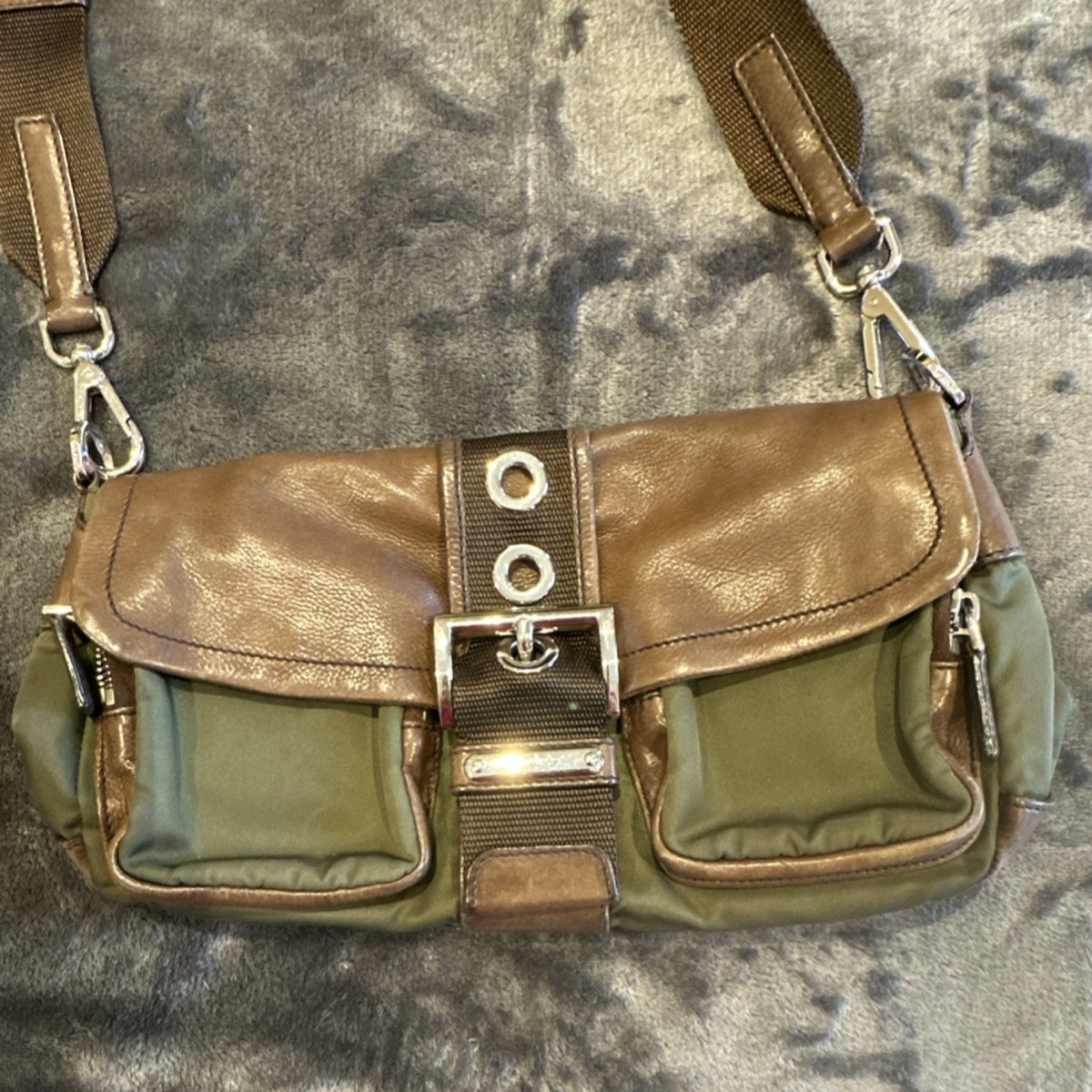 PRADA Green Brown Shoulder Bag Buckle Accent Zip Adjustable Strap