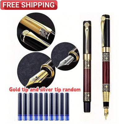 Fine Nib Metal Fountain Pen With 10pc Refillable Ink Cartridges Calligraphy Pen