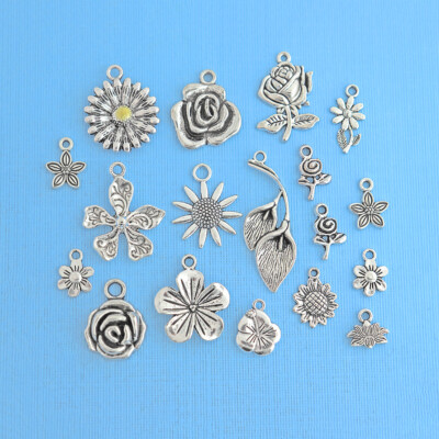 Flower Charm Collection Deluxe Antique Silver Tone 18 Charms - COL084