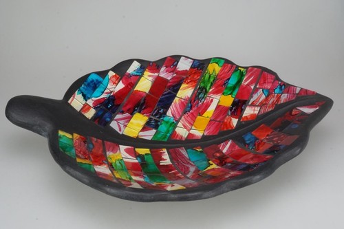 Centrepiece Colourful Rainbow Mosaic Leaf Fruit Bowl Made in Indonesia QL63 - Picture 4 of 4