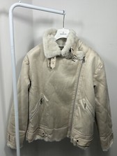 Shein Women Faux Suede Shearling  Aviator Jacket Cream Size L