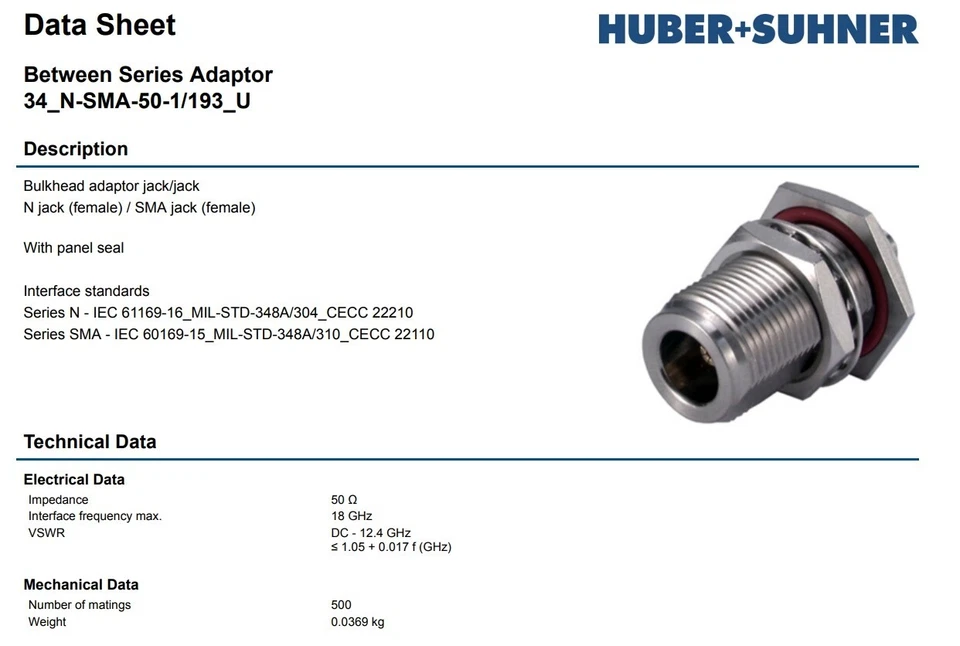LOT OF 10 HUBER SUHNER N-female/SMA-female Bulkhead Adaptor LIST $145 EACH! - Image 3 of 3