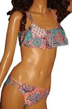 Womens Flounce Flutter Paisley Teal 2 Piece BIKINI Swimsuit Bathing Suit M NEW