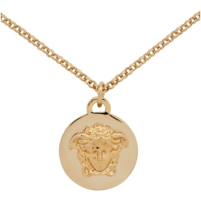 NIB Versace Tribute Logo Medusa Round Medallion Gold Pendant Chain Necklace $795