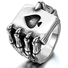 Men's Stainless Steel Ring Gothic Skull Hand Claw Heart Poker Playing Card Band