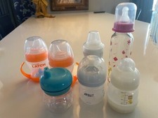 LOT/7 ASSORTED QUALITY BABY BOTTLES  SIPPY CUPS Glass  Plastic Preowned