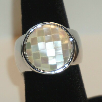 RS Covenant Ring Silver Tone Faux Opal Pearl Look Round Circle Squares NWT 22261
